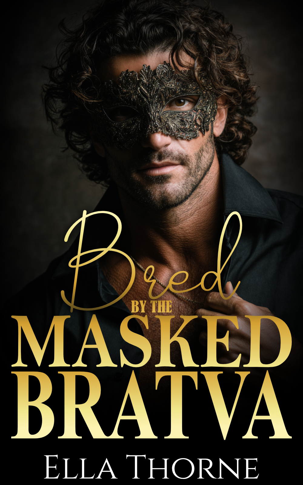 man in leather jacket with tattooed forearms standing against black bacground. Gold lettering reads "chased and bred by the bratva" white lettering reads "ella thorne"