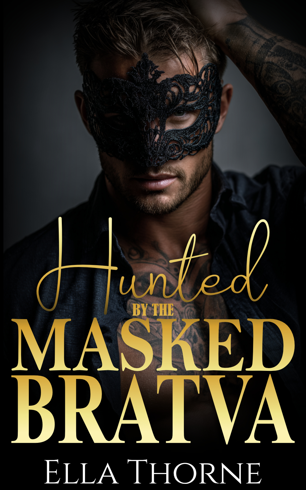Man wearing navy shirt with tattooed forearms standing on a black background. Gold lettering reads "bribed and bred by the bratva" white lettering reads "ella thorne"