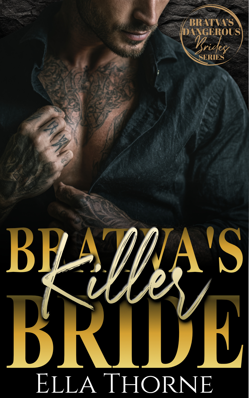 Book cover featuring a tattooed male behind gold text that reads "Owned & Bred by the BRATVA"