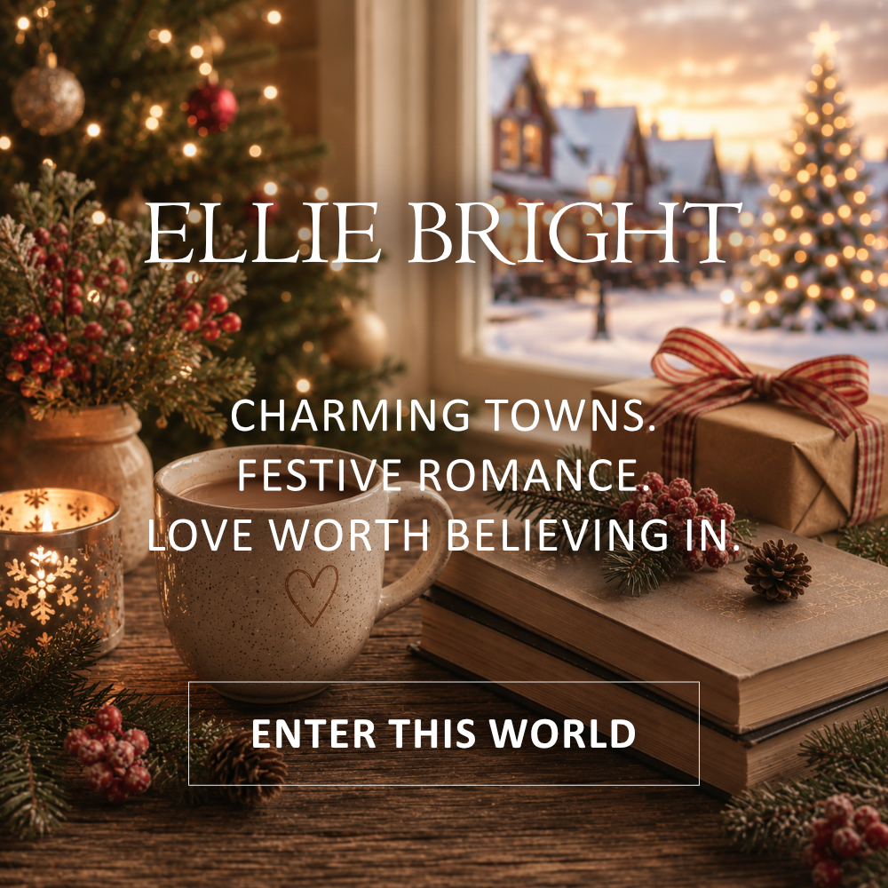 Image of a festive view through a window with snow and a lit up christmas tree. A mug of hot chocolate with marshmallows in the foreground next to a stack of books.