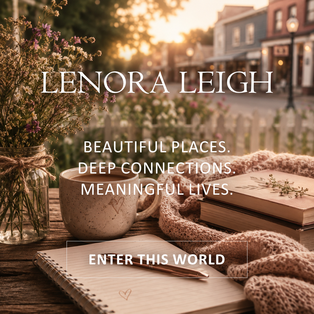 Warm and cosy image of a small town in neautral tones, notebook and pen in forground with knitted scarves and books. A mug of coffee and a vase of delicate sprigs of flowers.